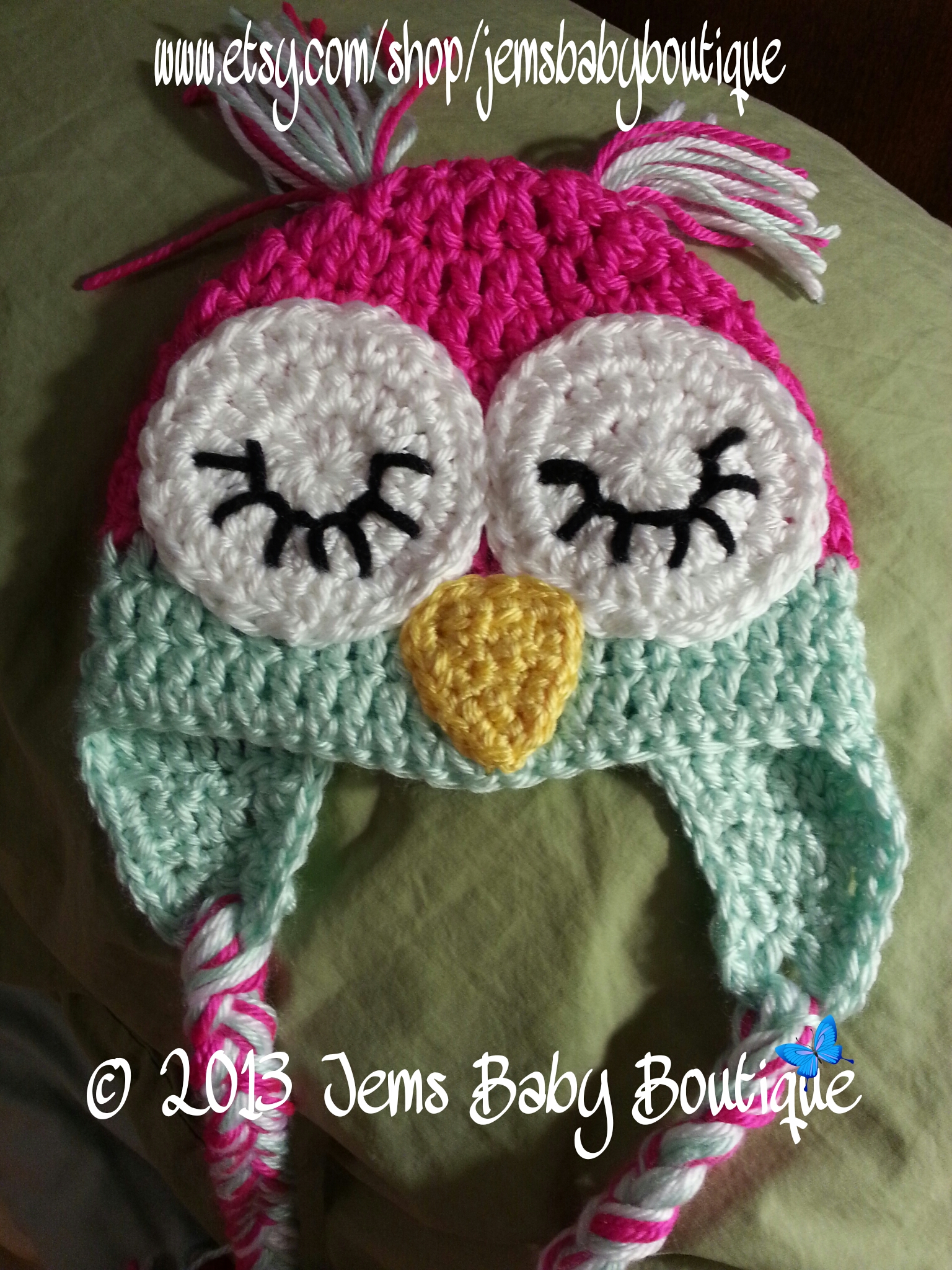 Crochet Sleepy Owl Hat W/ Earflaps And Pigtails 0-3 Months ...
